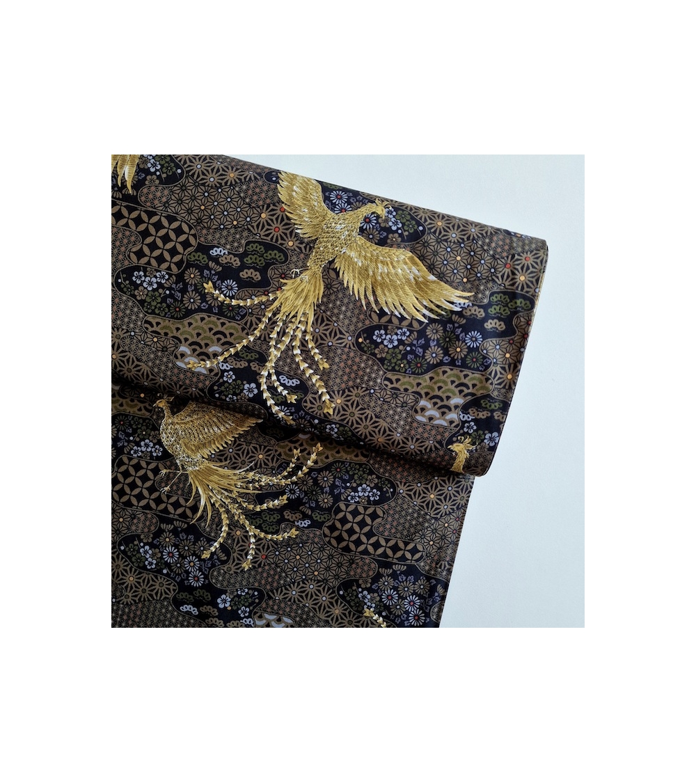 Japanese fabric golden phoenix and wagara motifs in black.