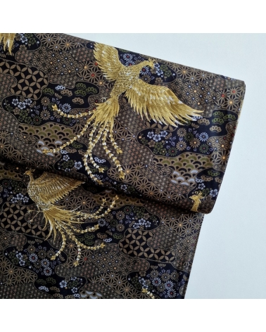 Tela japonesa Fénix dorado y motivos wagara en negro