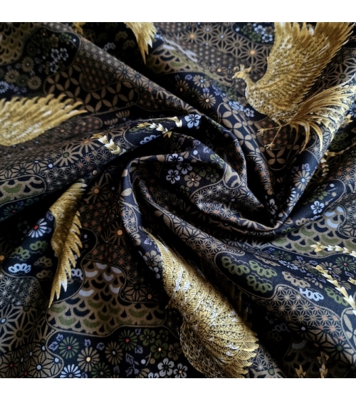 Japanese fabric golden phoenix and wagara motifs in black.