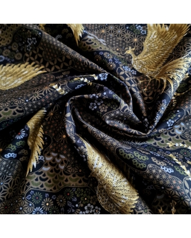 Tela japonesa Fénix dorado y motivos wagara en negro