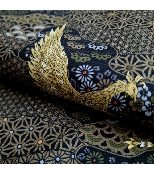 Tela japonesa Fénix dorado y motivos wagara en negro
