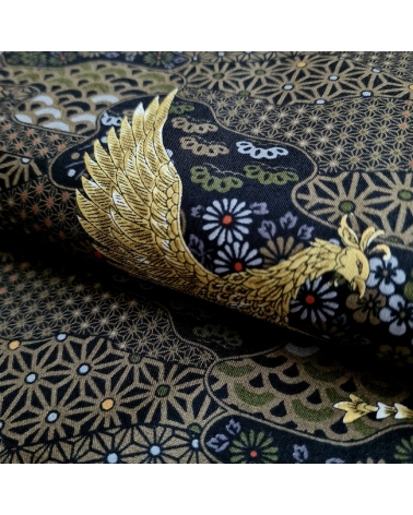 Tela japonesa Fénix dorado y motivos wagara en negro