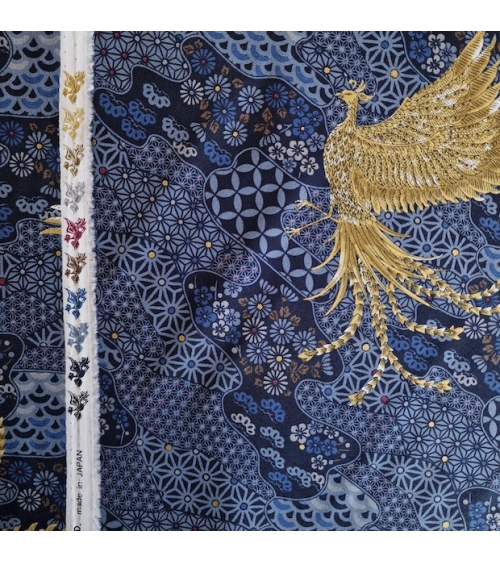 Tela japonesa Fénix dorado y motivos wagara en azul