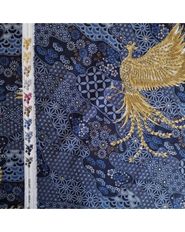 Tela japonesa Fénix dorado y motivos wagara en azul