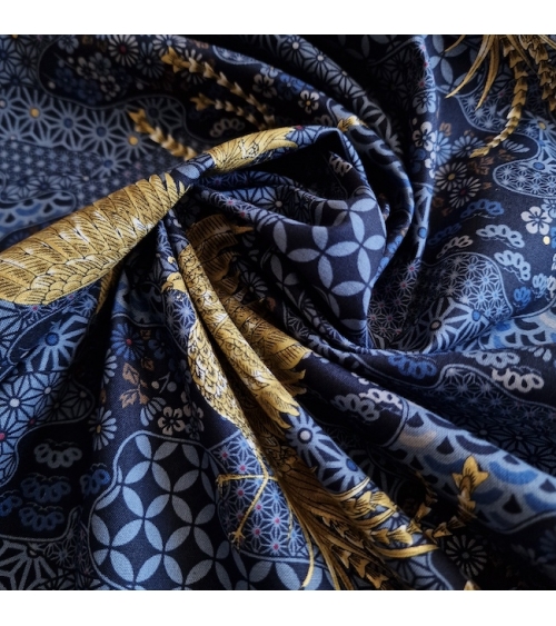 Tela japonesa Fénix dorado y motivos wagara en azul