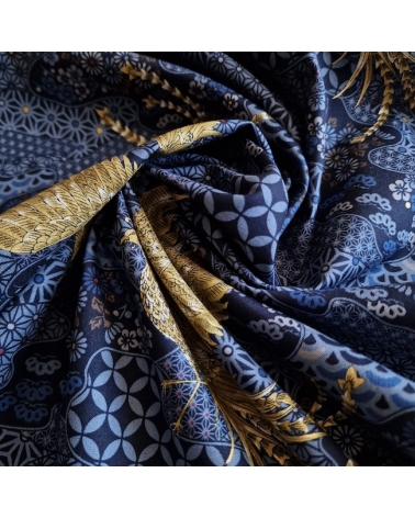 Tela japonesa Fénix dorado y motivos wagara en azul