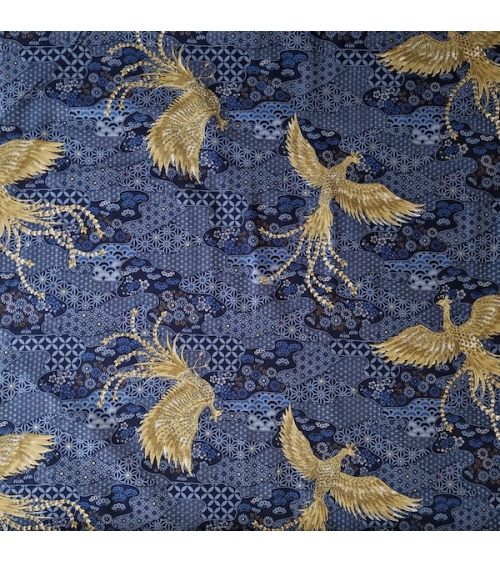 Tela japonesa Fénix dorado y motivos wagara en azul