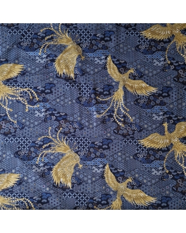 Japanese fabric golden phoenix and wagara motifs in blue.