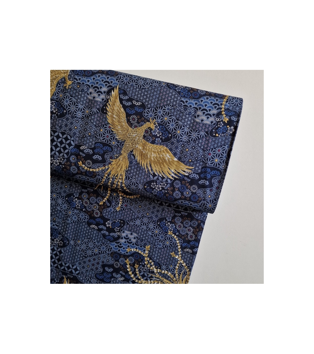 Tela japonesa Fénix dorado y motivos wagara en azul