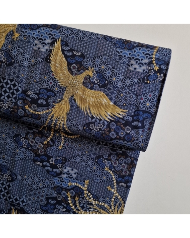 Tela japonesa Fénix dorado y motivos wagara en azul