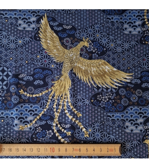 Tela japonesa Fénix dorado y motivos wagara en azul