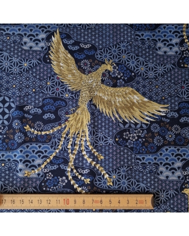 Tela japonesa Fénix dorado y motivos wagara en azul