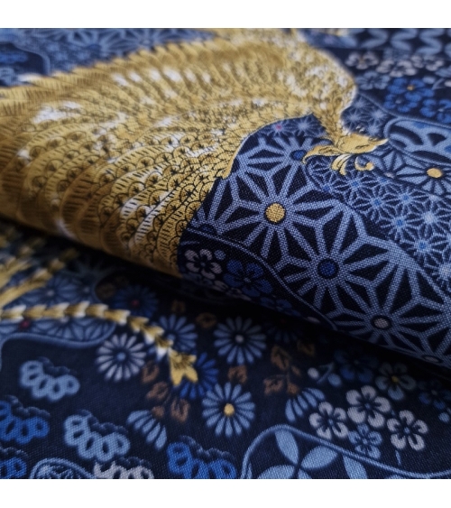 Tela japonesa Fénix dorado y motivos wagara en azul
