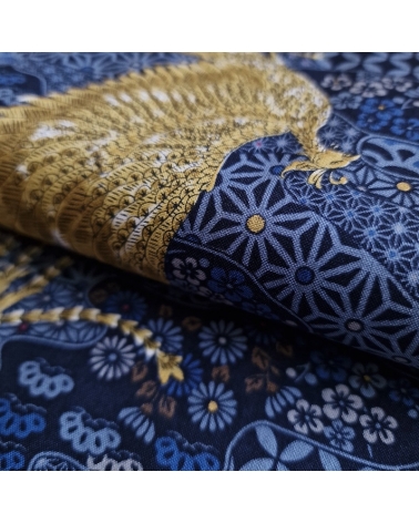 Tela japonesa Fénix dorado y motivos wagara en azul