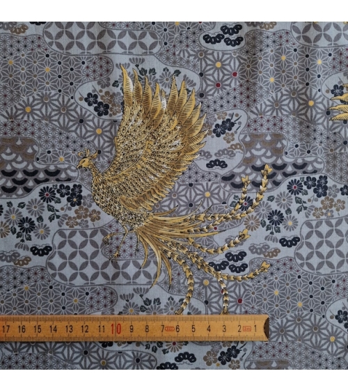 Tela japonesa Fénix dorado y motivos wagara en gris
