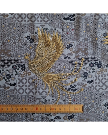 Tela japonesa Fénix dorado y motivos wagara en gris