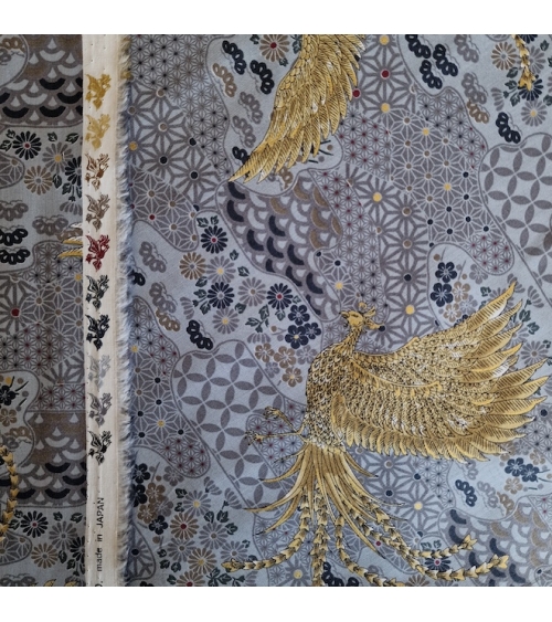 Tela japonesa Fénix dorado y motivos wagara en gris