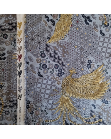 Tela japonesa Fénix dorado y motivos wagara en gris