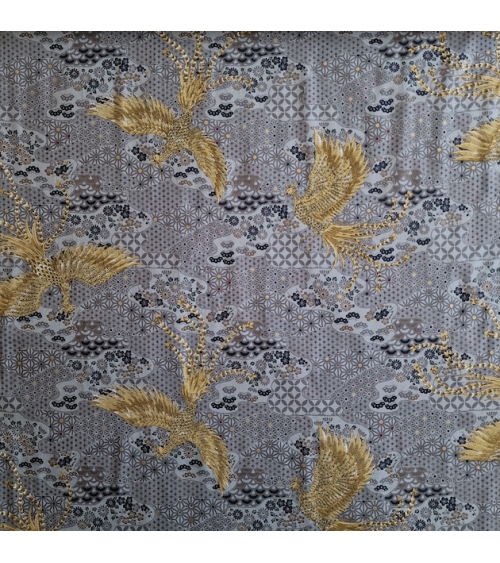 Tela japonesa Fénix dorado y motivos wagara en gris