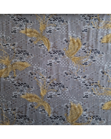 Tela japonesa Fénix dorado y motivos wagara en gris