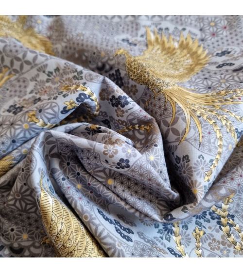 Tela japonesa Fénix dorado y motivos wagara en gris