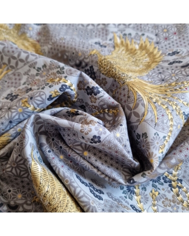 Tela japonesa Fénix dorado y motivos wagara en gris