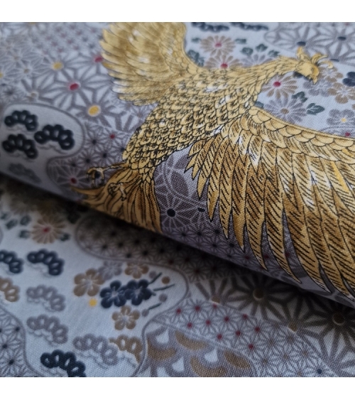 Tela japonesa Fénix dorado y motivos wagara en gris