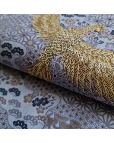 Tela japonesa Fénix dorado y motivos wagara en gris