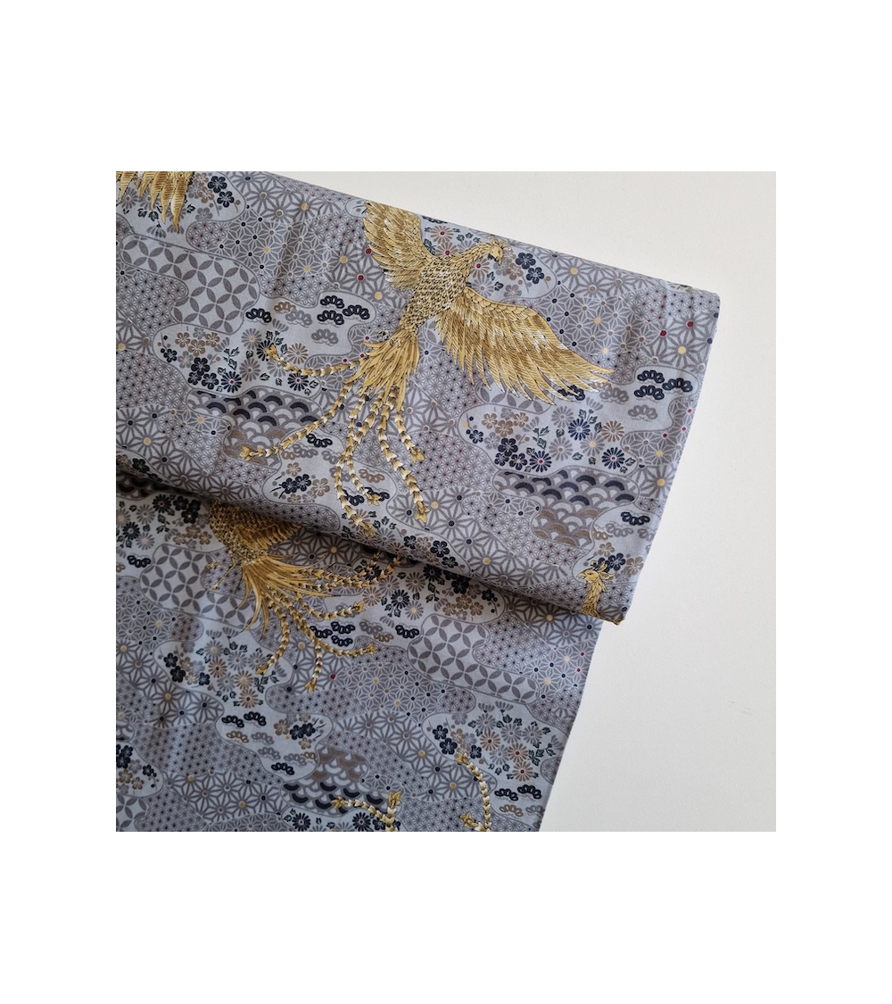 Tela japonesa Fénix dorado y motivos wagara en gris