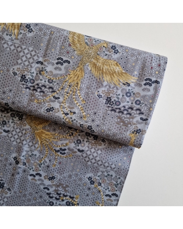 Tela japonesa Fénix dorado y motivos wagara en gris