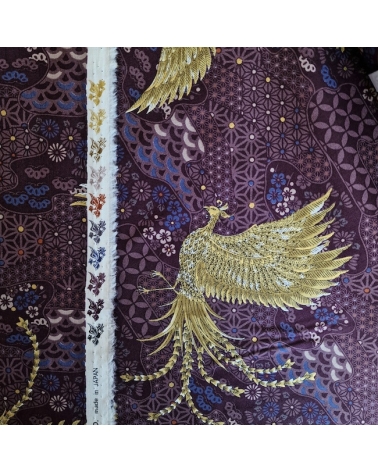 Tela japonesa Fénix dorado y motivos wagara en berenjena
