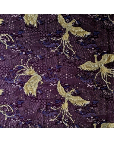 Japanese fabric golden phoenix and wagara motifs in aubergine
