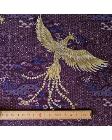 Tela japonesa Fénix dorado y motivos wagara en berenjena