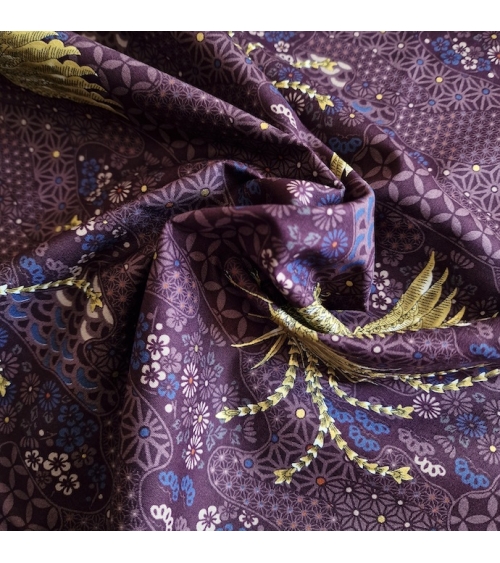 Japanese fabric golden phoenix and wagara motifs in aubergine