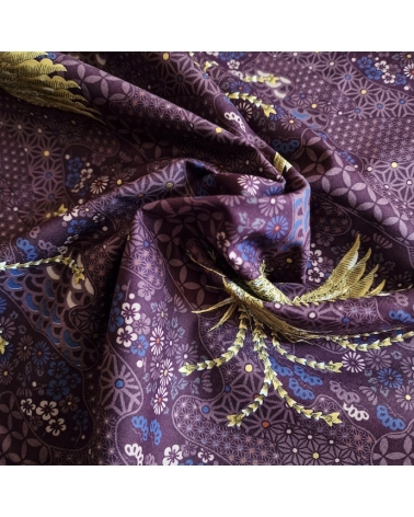 Japanese fabric golden phoenix and wagara motifs in aubergine