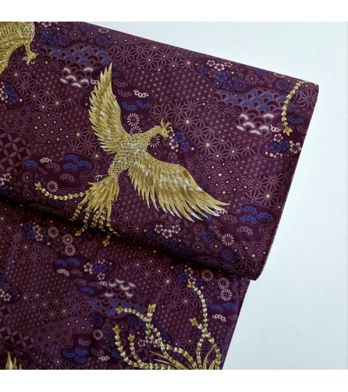 Japanese fabric golden phoenix and wagara motifs in aubergine