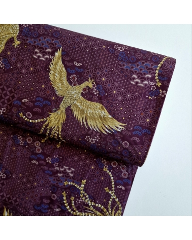 Japanese fabric golden phoenix and wagara motifs in aubergine