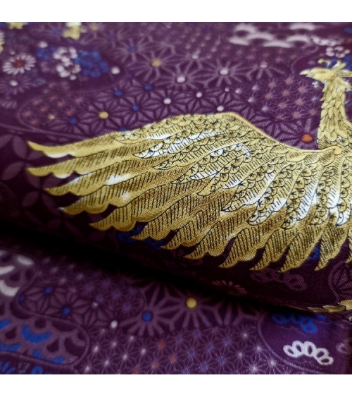 Japanese fabric golden phoenix and wagara motifs in aubergine