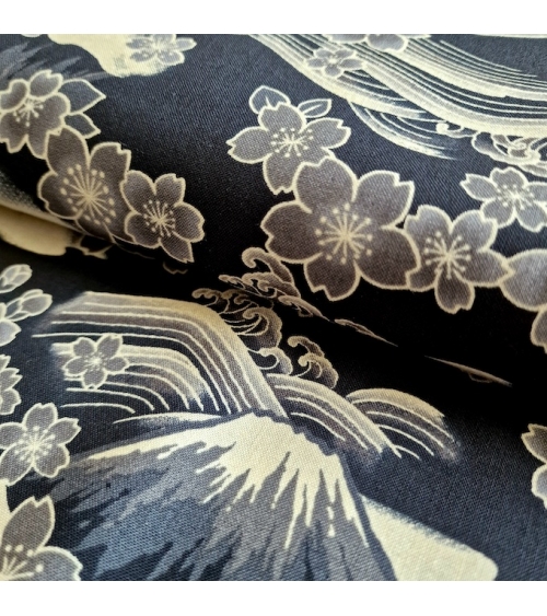 Tela japonesa "Tatoo: Fujisan to sakura" en negro.