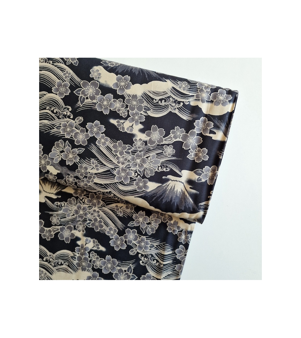 Japanese fabric ‘Tatoo: Fujisan to sakura’ in black. 100% cotton.