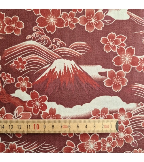 Tela japonesa "Tatoo: Fujisan to sakura" en rojo óxido.