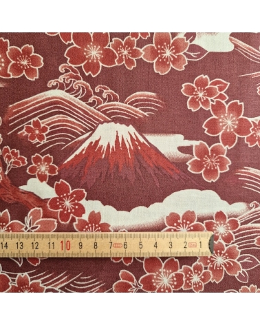 Tela japonesa "Tatoo: Fujisan to sakura" en rojo óxido.
