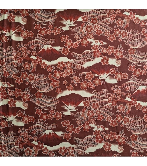 Tela japonesa "Tatoo: Fujisan to sakura" en rojo óxido.