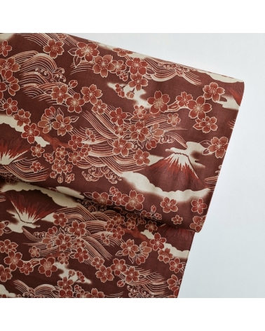 Tela japonesa "Tatoo: Fujisan to sakura" en rojo óxido.