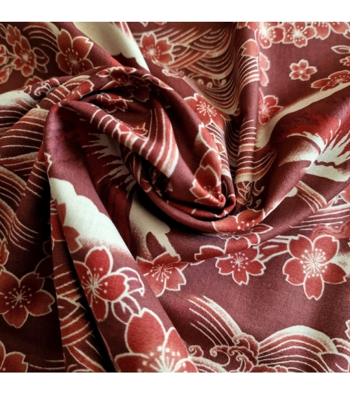 Japanese fabric ‘Tatoo: Fujisan to sakura’ in rust red. 100% cotton.