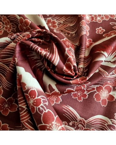 Japanese fabric ‘Tatoo: Fujisan to sakura’ in rust red. 100% cotton.