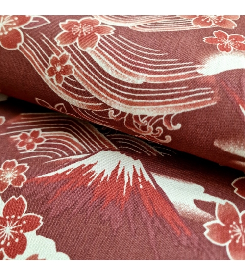 Tela japonesa "Tatoo: Fujisan to sakura" en rojo óxido.
