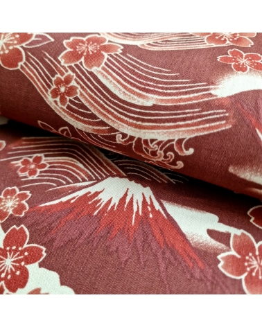 Tela japonesa "Tatoo: Fujisan to sakura" en rojo óxido.