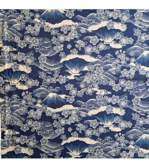Japanese fabric ‘Tatoo: Fujisan to sakura’ in blue. 100% cotton.