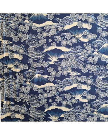 Japanese fabric ‘Tatoo: Fujisan to sakura’ in blue. 100% cotton.